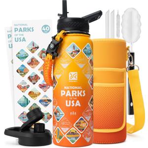 DYSANKY National Parks Water Bottle  40 oz Insulated Stainless Steel Bottle with 63 Hand-Drawn Park Stickers, Carrier Bag, Strap & Gift Box  BPA-Free  Ideal for Hiking, Camping & Travel (Gradient Orange Park)