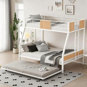 Twin Over Full Bunk Bed with Trundle,Heavy-Duty Sturdy Bedframe with Safety Guardrail & Ladder for Kids Boys Girls Teens,Space Saving Design & No Box Spring Needed,White