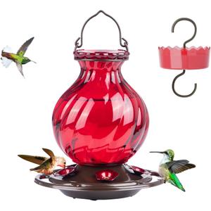 Hummingbird Feeder, Auslar 26 Ounces Glass Hummingbird Feeders for Outdoors Hanging Ant and Bee Proof, Ant Moat & 5 Flower Feeding Ports, Rustproof, Leakproof, Netted Flower Bud Shape Bottle, Red