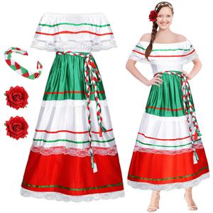 Riyiper Traditional Mexican Dress for Women Fiesta Senorita Costume Spanish Dress with Flower Hair Clip Headband(2X-Large) (2X-Large (Pack of 1))