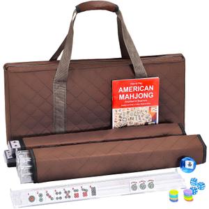 American Mahjong Tile Set with Brown Bag, 166 White Tiles with Accessories, 4 Mahjong Racks with Pushers, Mahjong Set for Beginners (Ma Jong, Mah-Jongg)