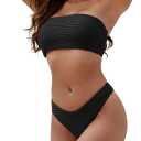 ZAFUL Women Strapless Textured Bandeau Bikini 2 Piece Swimwear Cheeky Solid Lace up Bathing Suits (Black, M)