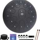 Rain Drum for Outside Garden,Steel Tongue Drum 12 Inches 15 Notes Musical Instruments, Handpan Drum Percussion Instrument, with Soft Bag, Music Book, 2 Mallets, for Meditation or Yoga (Black)