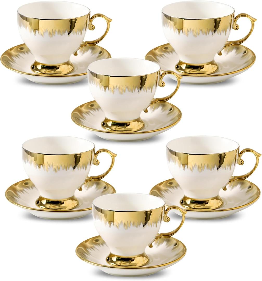 LETAOTAO Tea Cups and Saucers Set of 6, 7 oz Ceramic Turkish Coffee Cup With Gold Trim for Cappuccino, Latte, Mocha, Au Lait, Double Espresso, White