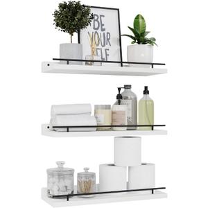 WOPITUES Floating Shelves with Black Metal Guardrail, Shelves for Wall Decor Set of 3, Wall Shelves for Bedroom, Bathroom, Kitchen, Living Room, Plants, Picture Frames, Art- Black and White