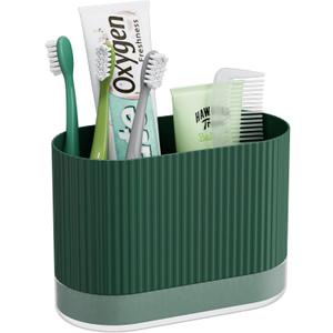 Green Toothbrush Holders for Bathrooms, Large Plastic Kids Tooth Brush Holder with Drainage and Drip Tray, Cute Family Shower Toothpaste Holder Stand Organizer Caddy, Green Bathroom Accessories Decor (2 Slots)