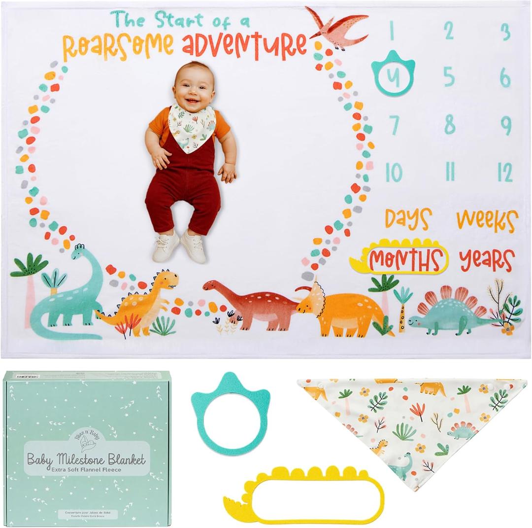 Bliss n' Baby Monthly Milestone Blanket for Baby Boys & Girls - 60"x40" - Wrinkle Free Newborn Age Month Blanket with Growth Chart - Washable & Dryable - w/Frames & Bib - Dinosaur Theme Baby Gift Set