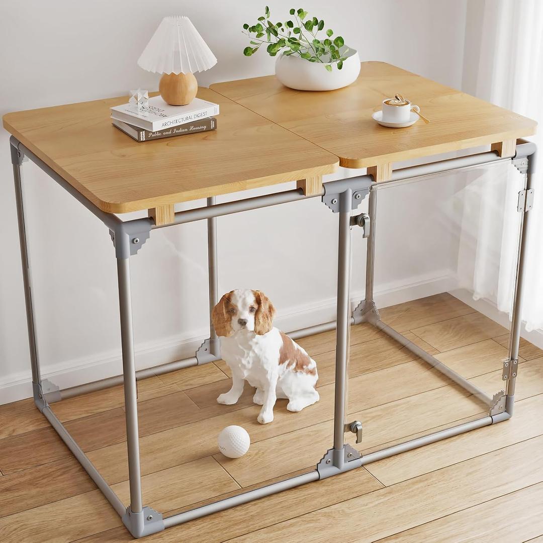 Clear Acrylic Dog Cage Furniture, Decorative Dog Kennel Furniture with Solid Wood Tabletop, 41 Inch, 6 Panels, Transparent Pet Fence for Small Dogs, Rabbits, Hedgehogs, and Cats