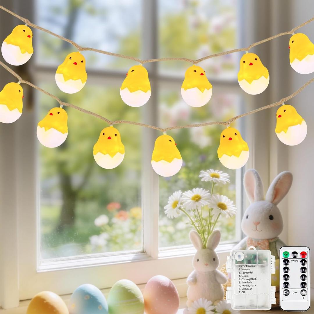 Easter Decoration String Lights, 10 FT 12 LED Eggshell Chicken Mantel Garland Battery Operated with Remote Timer 8 Modes, Hemp Rope Banner for Fireplace Table Wall Spring Party Indoor Outdoor Decor
