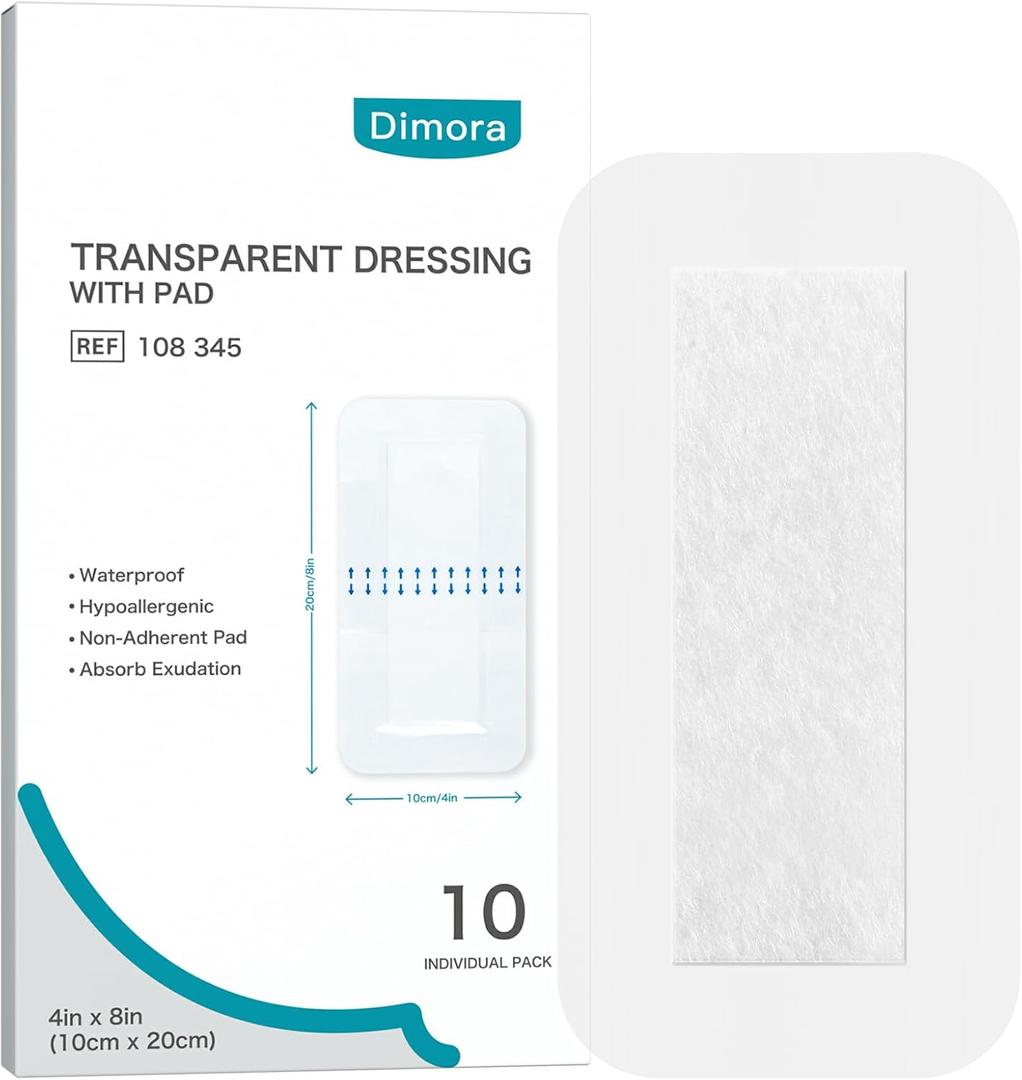 Dimora Waterproof Transparent Film Dressing with Pad, Large Clear Bandage Tape for Wound Care, Adhesive Post Surgical Cover Padfor IV Shield, Tattoo Aftercare, Shower Protector 4x8 inch 10 Packs
