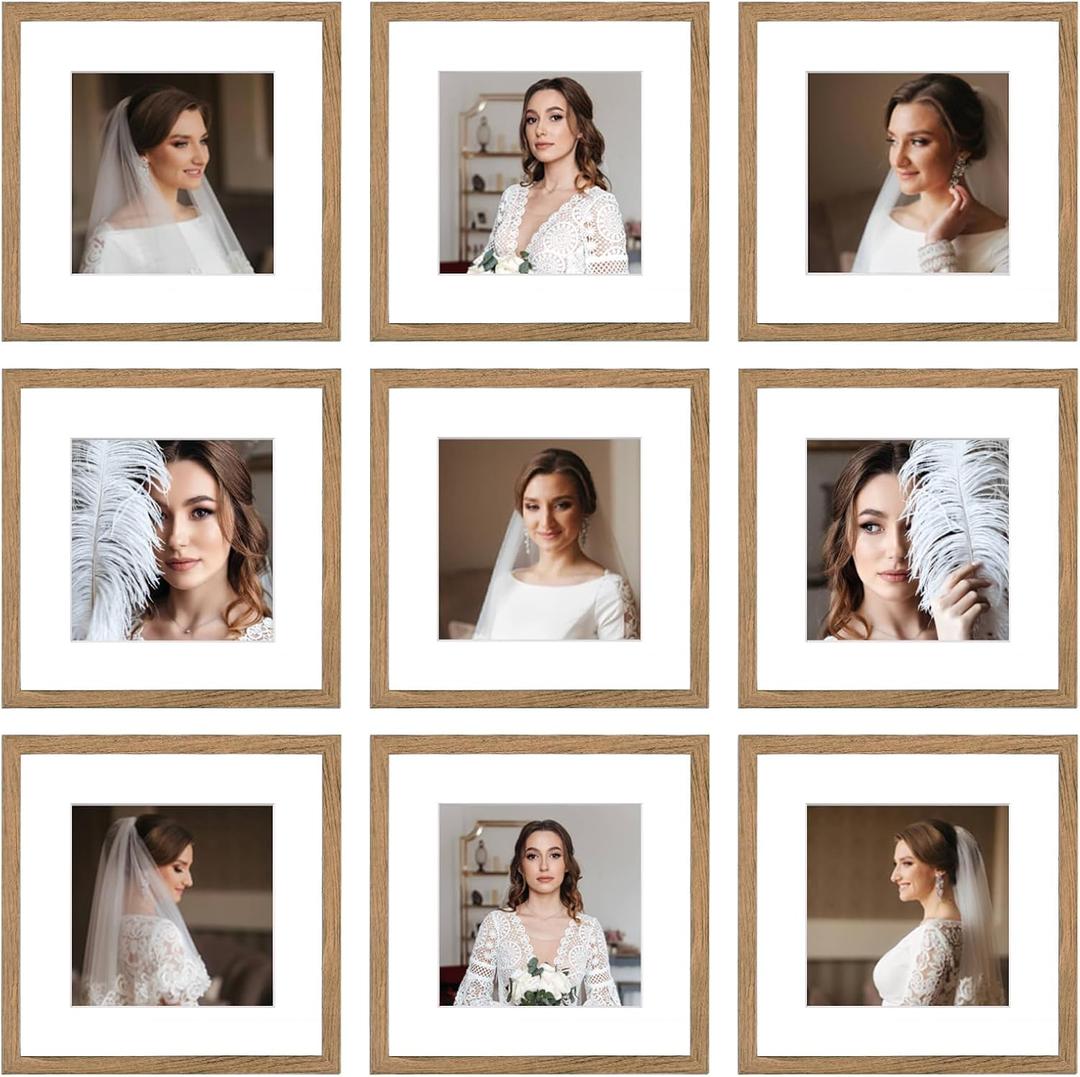 12x12 Picture Frame Set of 9, Display Pictures 8x8 with Mat or 12x12 without Mat, Multi Collage Gallery Square Photo Frames for Wall or Tabletop, Brown