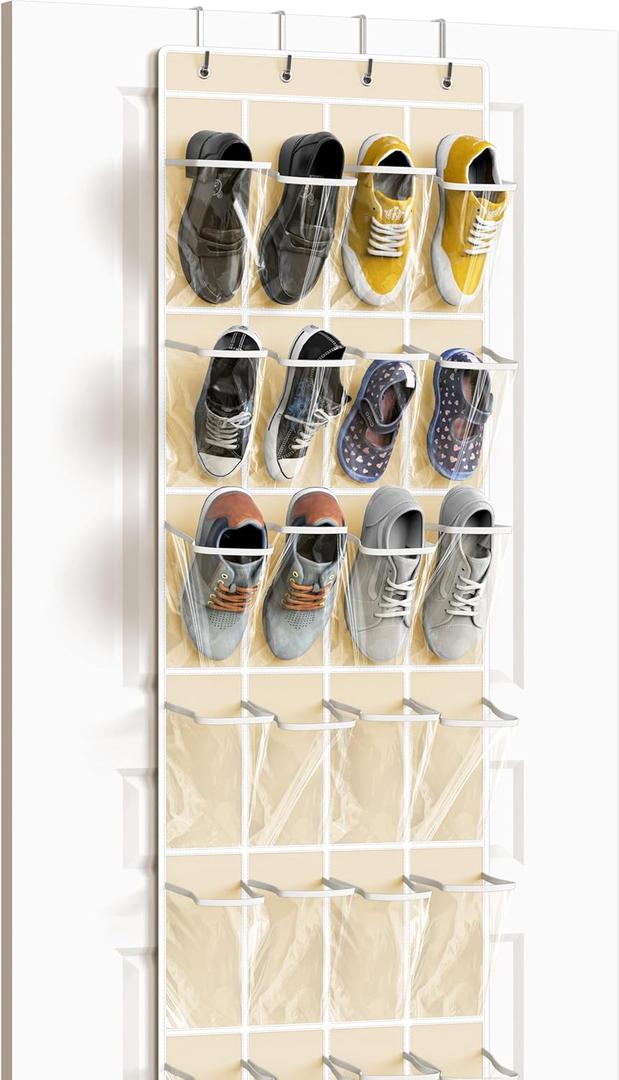 Simple Houseware 24 Pockets - Crystal Clear Over The Door Hanging Shoe Organizer, Beige (64'' x 19'')