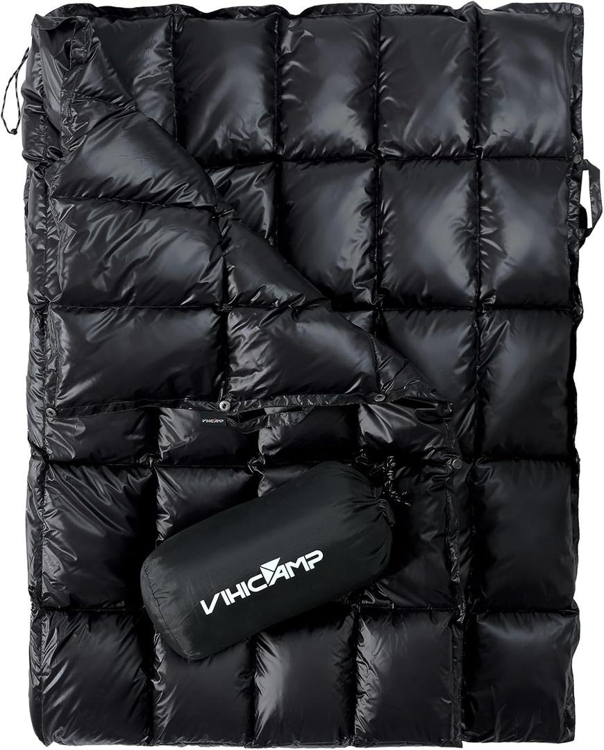 Down Camping Blanket - Packable Lightweight Outdoor Blanket, Warm Compact Backpacking Quilt for Cold Weather, Water-Resistant Puffer Blanket, Ideal for Travel, Hammock, Outdoor Adventures (Black)