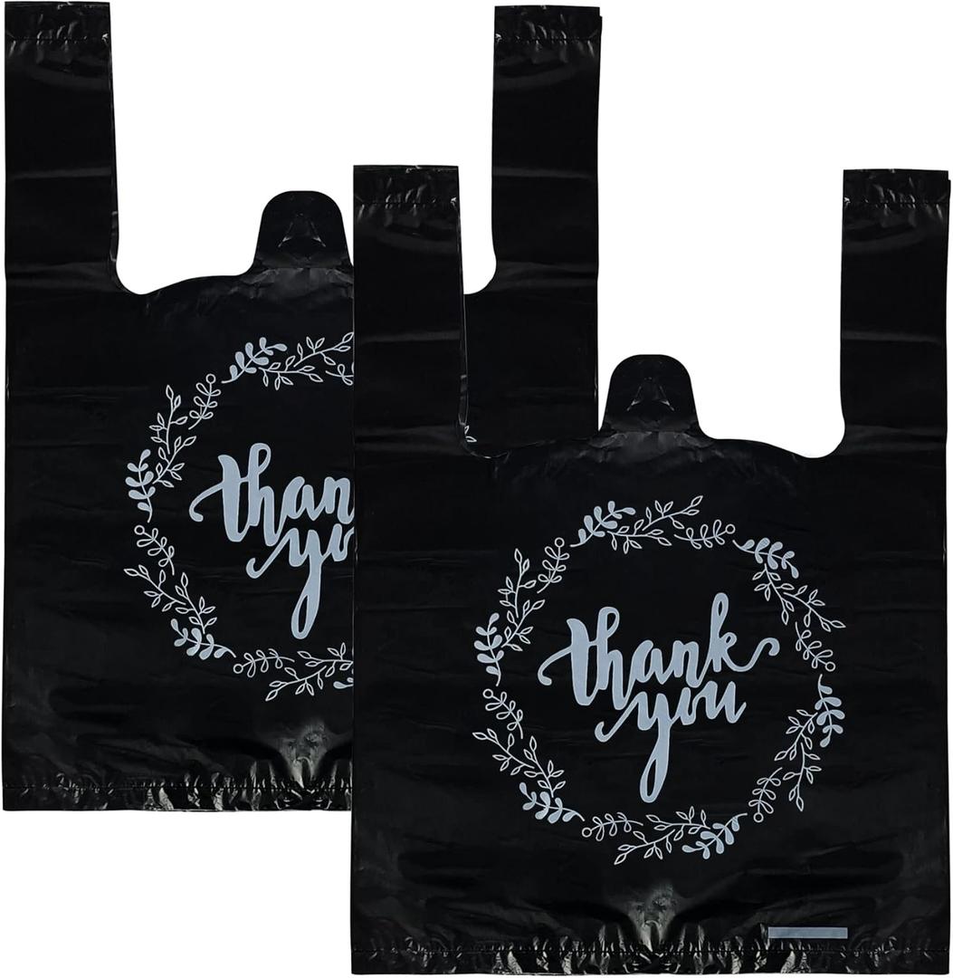 TOSPARTY 100PCS Black Thank You T-Shirt Bags Plastic Bulk Shopping Restaurant Bags 8.7 x 4.1 x 11.6