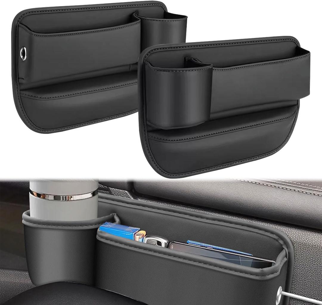 JINRUITOP Car Seat Gap Filler Organizer with Cup Holder, 2 Pack Adjustable Leather Car Side Seat Storage Box, Multifunction Interior Storage Organizer for Phones Keys Sunglasses Cards, Black