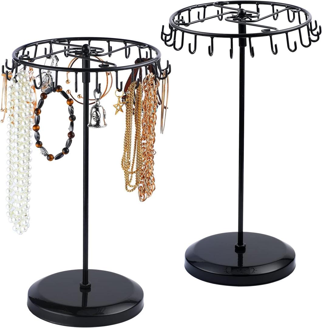 Ferraycle 2 Pcs Rotating Necklace Holder Metal Necklace Stand Necklace Organizer for Bracelet Earring Keychain Ring Jewelry Display, 13.4 Inch with 23 Hooks (Black)
