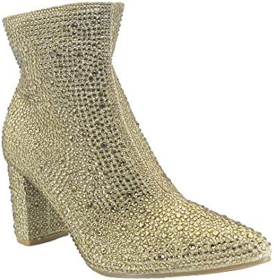 ABSOLEX Women Pointed Toe Rhinestone Block Medium Heel Ankle Booties Size 8,5