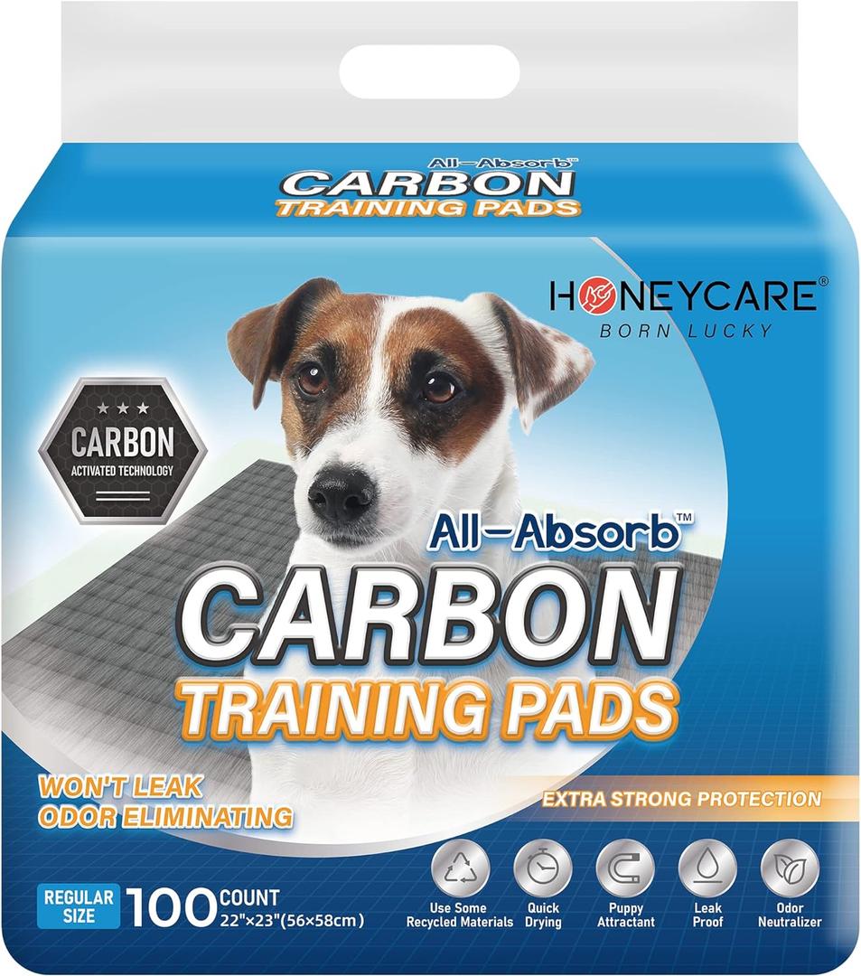 HONEY CARE All-Absorb Puppy Training Pads | Doggie Potty Pads Absorb Eliminating Urine Odor, Ultra Charcoal Dog Pee Pad (Carbon, L 22x23 inch, 100ct) (L 22"x23",100ct)