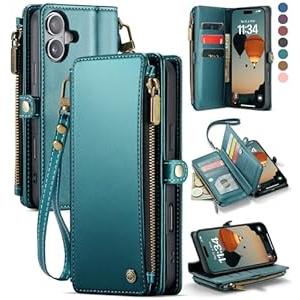 Defencase Compatible with iPhone 17 Case Wallet with RFID Blocking Card Holder for Women and Men, Fashion PU Leather Magnetic Snap Flip Zipper Strap Wallet Phone Case for iPhone 17 6.3", Blue Green