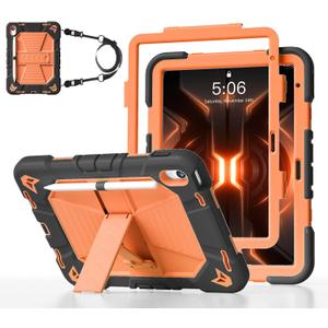 kenke Kids Friendly Case for iPad (A16) 11 Inch 2025, iPad 10th Generation 10.9 Inch 2022, Heavy Duty Shockproof Rugged Cover with Kickstand Shoulder Strap for iPad 11/10th Gen, Black+Orange