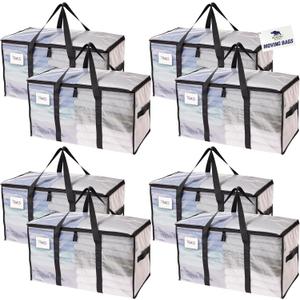 RUGGED RHINO 8 Pack Heavy Duty Extra Large Moving Bags, Durable Bag with Strong Handles and Zipper, Moving Boxes Alternative for College Packing, Holiday Dcor, Space Saving Storage with Label, Clear (Translucent)