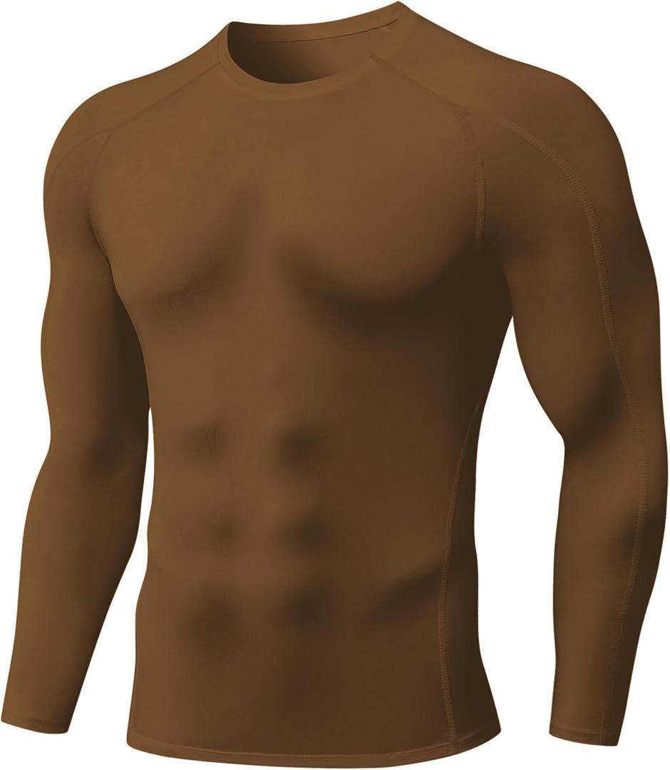 SPVISE Brown Long Sleeve Compression Shirts for Men, Thermal Underwear Running Football Undershirt Athletic Workout Baselayer (Brown)