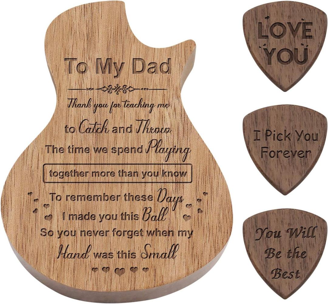 Engraved Personalized Wood Guitar Picks Box, Shaped Plectrum Container with 3 Standard Picks (To Dad)