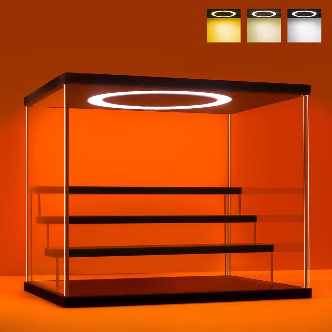 Acrylic Display Case with Adjustable LED Light, 4 Tier Clear Display Box Dustproof Showcase for Action Figures, Collectibles and Mini Toys, Assembly Display Cabinet(Black 12.59.510.4in)