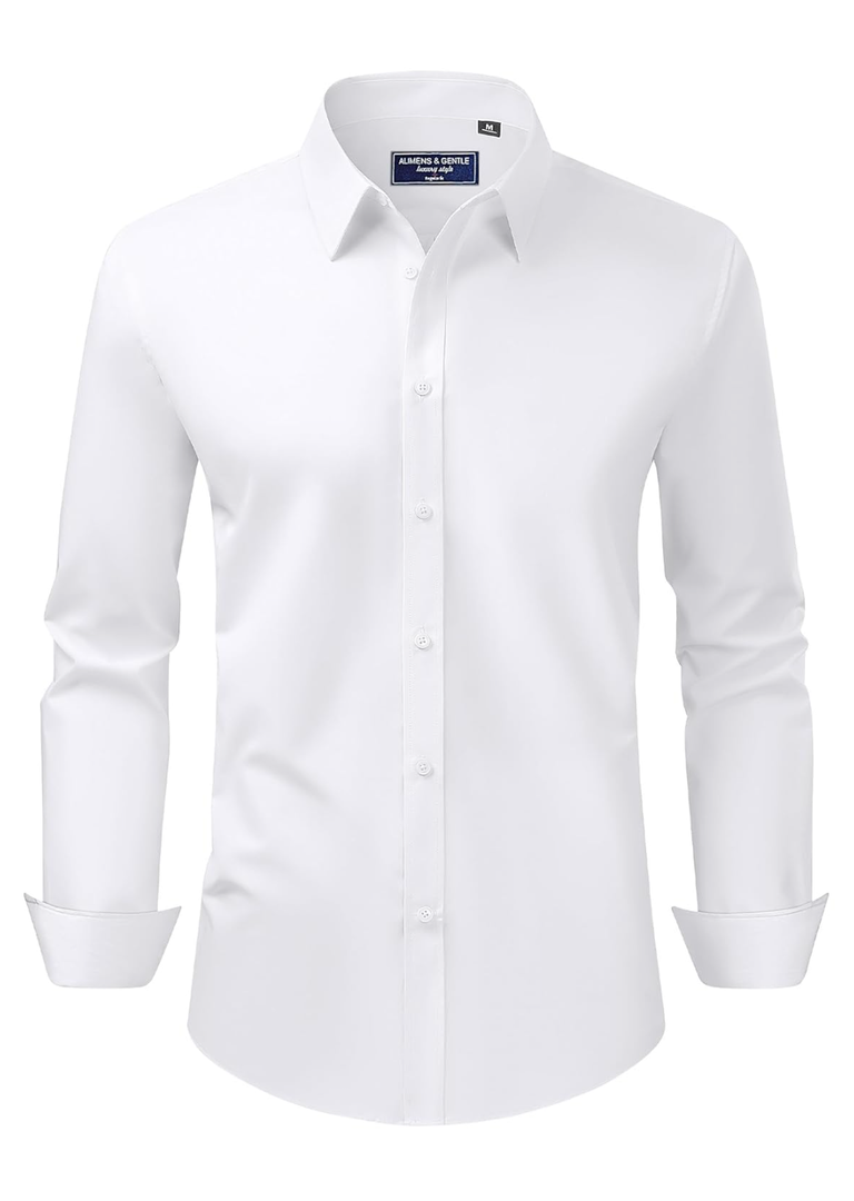 Alimens & Gentle Men's Dress Shirt Regular Fit Stretch Stain Shield Long Sleeve Solid Business Wedding Button Down Shirts, Beige, Small