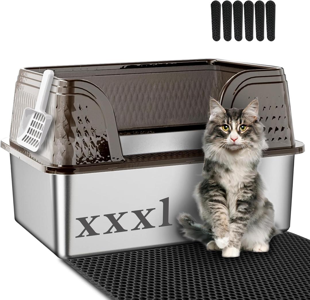 Suhaco XXXL Stainless Steel Litter Box with High Sided Deep Side Entry Deep Extra Large Metal Litter Box Included Mat & Scoop Anti-Urine Leakage Cat Litter Boxes for Big Cats (Black)