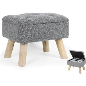 OGEMXU Storage Ottoman, Small Storage Ottoman Foot Stool with Wood Legs, Teddy Velvet Rectangular Foot Rest for Chair, Soft Sponge White Footstool for Living Room, Couch, Bedroom, Dorm (Grizzly)14.5"D x 11"W x 11"H