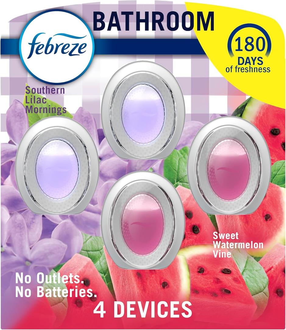 Febreze Bathroom Air Freshener, Odor-Fighting, Plug In Alternative, Air Fresheners for Home and Bathroom and Kitchen, Closet Air Fresheners, Watermelon & Lilac Scent, 4 Count (0.25 Ounce (Pack of 4))