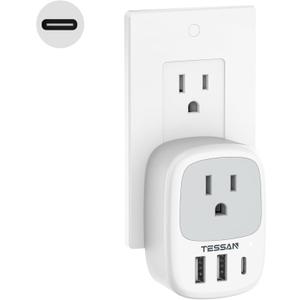 Wall Charger Block, 3 USB Charging Ports (1 USB C) and 1 AC Outlet Splitter, TESSAN 1875W Wall Outlet Extender, Multi Plug Adapter for Cruise, Home, Office, Dorm Room Essentials