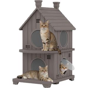 Outdoor Cat House Weatherproof, Durable Resin Cat Houses for Outdoor Indoor Cats, Litter Box Enclosure with Elevated Base, Anti-Slip Pad, Ventilation, Double-Story, Coffee Brown