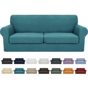 YEMYHOM Latest Checkered 3 Pieces Couch Covers for Couch High Stretch Sofa Cover with 2 Extra Large Seat Cushion Covers Anti Slip Elastic Slipcovers (XL Loveseat, Peacock Blue), 71" - 91" (2 CUSHIONS)