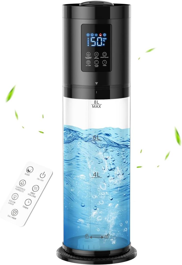 8L Humidifiers for Bedroom, 30dB Quiet, 500ft Coverage, 60H Runtime, Top Fill, 3-in-1 Humidifier Large Room & Essential Oil Diffuser & Ambient Light, Sleep Mode, 16H Timer, Auto Shutoff Protection (Black)