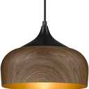 ELYONA Modern Pendant Light Walnut Wooden Pattern Dome Pendant Light Fixture Matte Black Metal Gold Inner Finish Adjustable Hanging Lighting for Kitchen Island Dining Room Office Hallway Foyer Bedroom