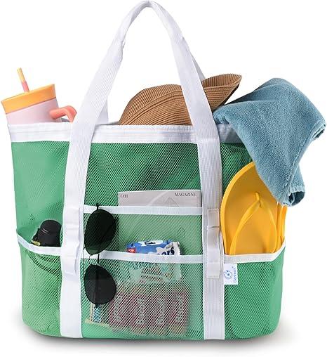 Genteen 40L Mesh Beach Bag, Foldable Sandproof Tote with Waterproof Pocket Quick Dry for Women Family Pool Vacation