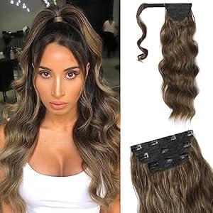FLUFYMOOZ 4PCS Half Up Half Down Ponytail Extension Set, Fake Ponytail Soft Synthetic Hairpiece for Women, Long Thick Clip in Hair Extensions Wavy Fuller High Wrap Around (Deep Brown with Dirty Blonde 22In)