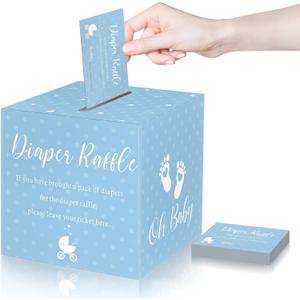 Funrous 51 Diaper Raffle Tickets with Box for Baby Shower Game Invitations Diaper Raffle Card for Gender Reveal Baby Shower Party Decoration Table Centerpiece(Lake Blue)