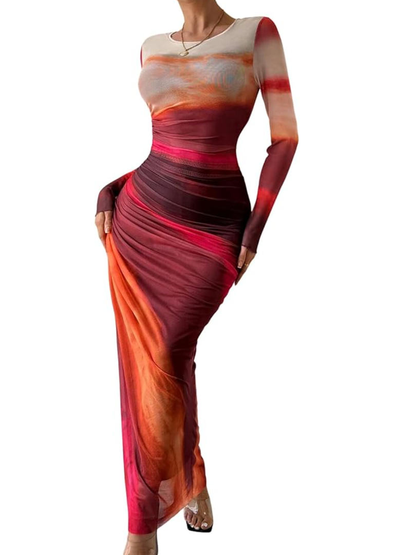 MARZXIN Womens Long Sleeve Maxi Dress Bodycon Ruched Natural Slim Fit Tie Dye Dress Cocktail Dresses Mesh Dress, Medium