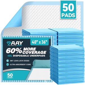 AAY 50 Count Extra Large Disposable Underpads for Incontinence, 40"x36" Super Absorbent Leak-Proof Bed Pads for Adults, Elderly, Kids, Pee Pads, Chucks Pads, Furniture & Surface Protection Pad