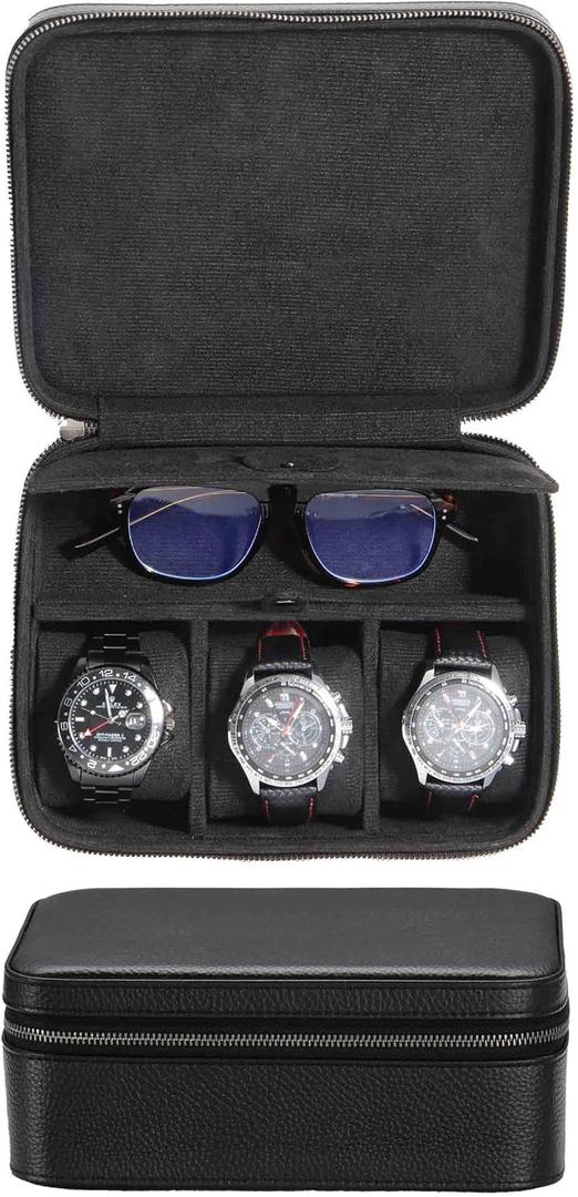 Real Leather Watch Box Mens Travel Case with Glasses Storage Compartment, Top-Grain Genuine Leather 3 Watches Carrying Box | Watch Travel Roll Zipper Closure (3+1BB) (Black)