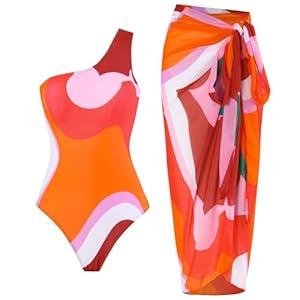 IBTOM CASTLE Retro Swimsuit for Women: Women's 2 Pieces Summer Holiday Swimwear Casual One Shoulder Swimsuit with Cover up Beach Skirt Bathing Suit Tummy Control Sarong Beachwear Red & Orange XL