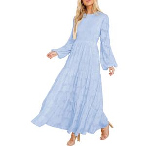 MITILLY Women's Elegant Floral Long Sleeve Round Neck Smocked A-Line Flowy Tiered Maxi Dresses with Pockets X-Large Light Blue