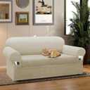 Sofa Slipcover with Armrest Pockets 3-Piece Set, Stretch Faux Leather Couch Cover for 2-Cushion Couches(Fits 72-92") - Non-Slip, Machine Washable, Pet & Kid Friendly - Beige