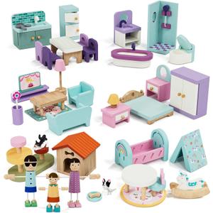 Lehoo Castle Wooden Dollhouse Furniture Set 39 Pcs with 5 Rooms, Family Dolls & Pets, All-Wooden Doll House Accessories and Furniture, Pretend Play Dollhouse Accessories Toy Gift for Kids 3+