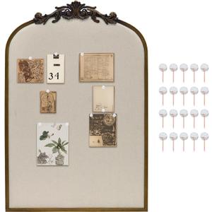 Arch Fabric Pinboard, Antique Gold Bulletin Boards 24"x36", Vintage Cork Board with Ornate Iron Frame for Wall Unique Display, Organization and Decor Options