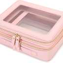 Aveniee XL Clear Makeup Organizer,Double Layer Travel Cosmetic Case with Brush Holder & Zippered Compartments,Big Toiletry Bag for Travel Accessories,2 Layers Large,Pink