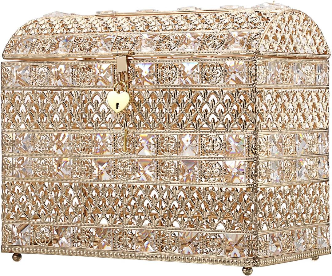 ELLDOO Crystal Wedding Card Box with Heart Lock, Vintage Money Card Box Treasure Chest Style Gold Gift for Wedding Receptions, Centerpiece Decor, Anniversary Keepsake, Gift, Large Size